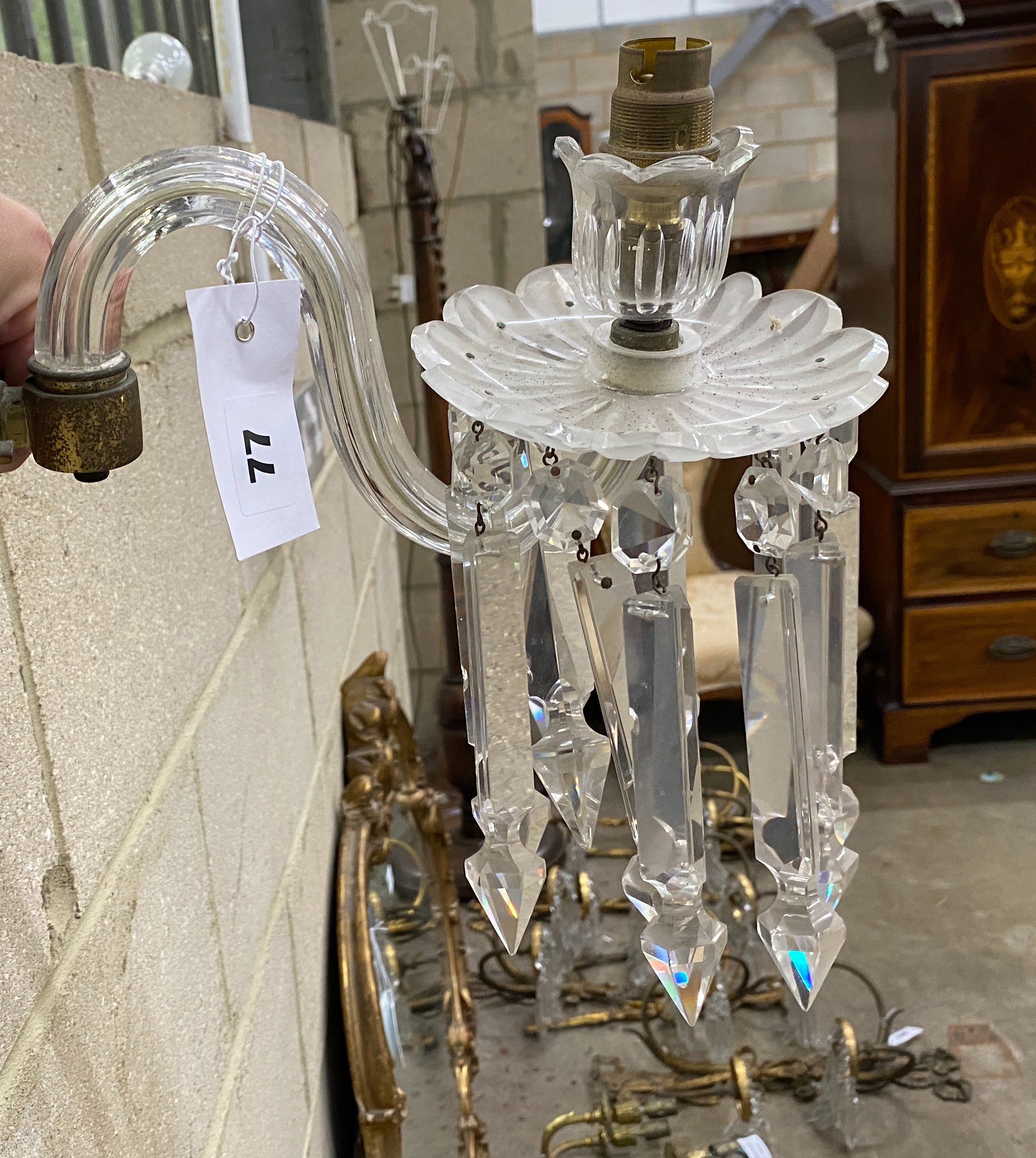 A near pair of glass lustre single branch wall lights, larger 26cm
